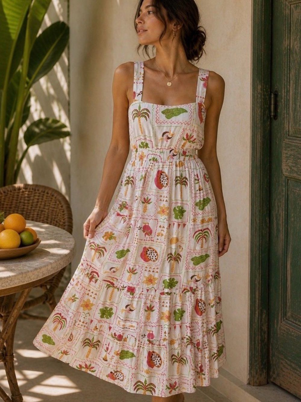 Four Hearts Sigrid Horn Colorful Tropical Print Tiered Open Tie Back Sundress